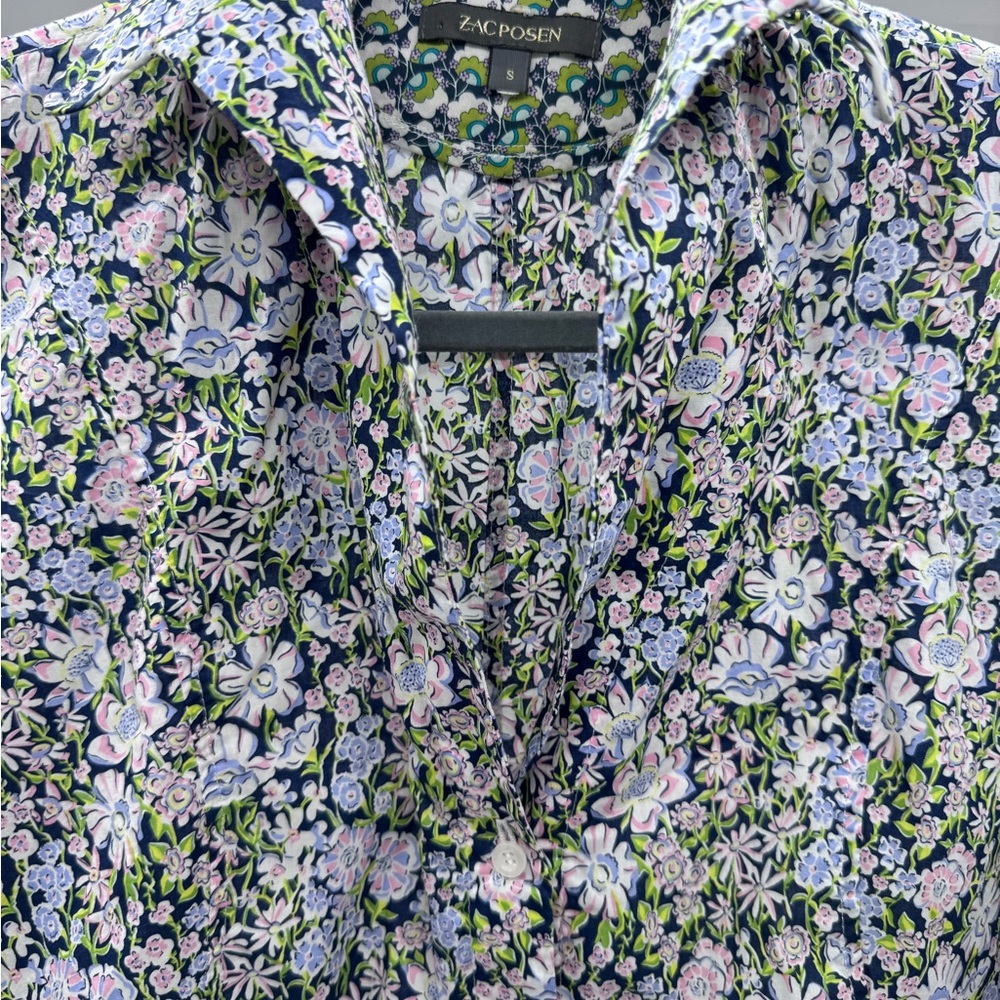 Zac Posen Women's Oversized Floral Button Down Shirt - Blue and Pink, Size Small
